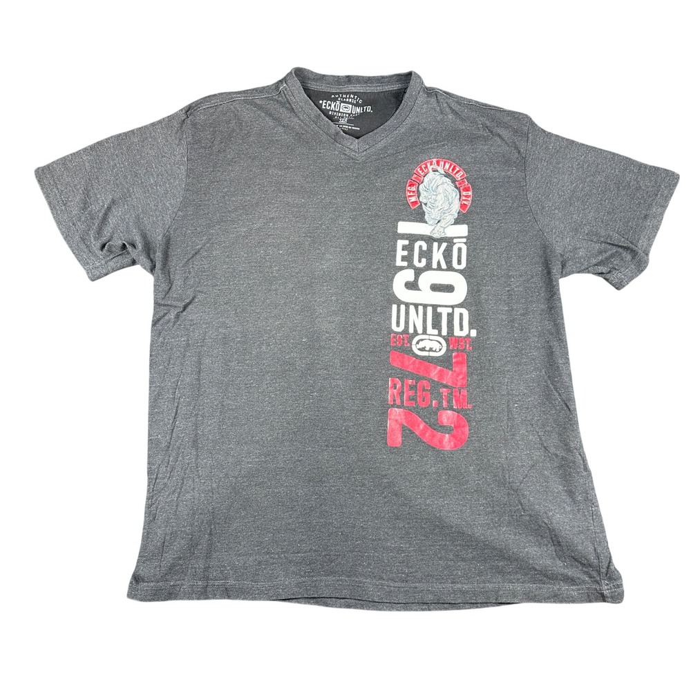 Ecko Unltd Mens 3XB T-Shirt Gray V-Neck Y2K Rhino Graphic Raised Print